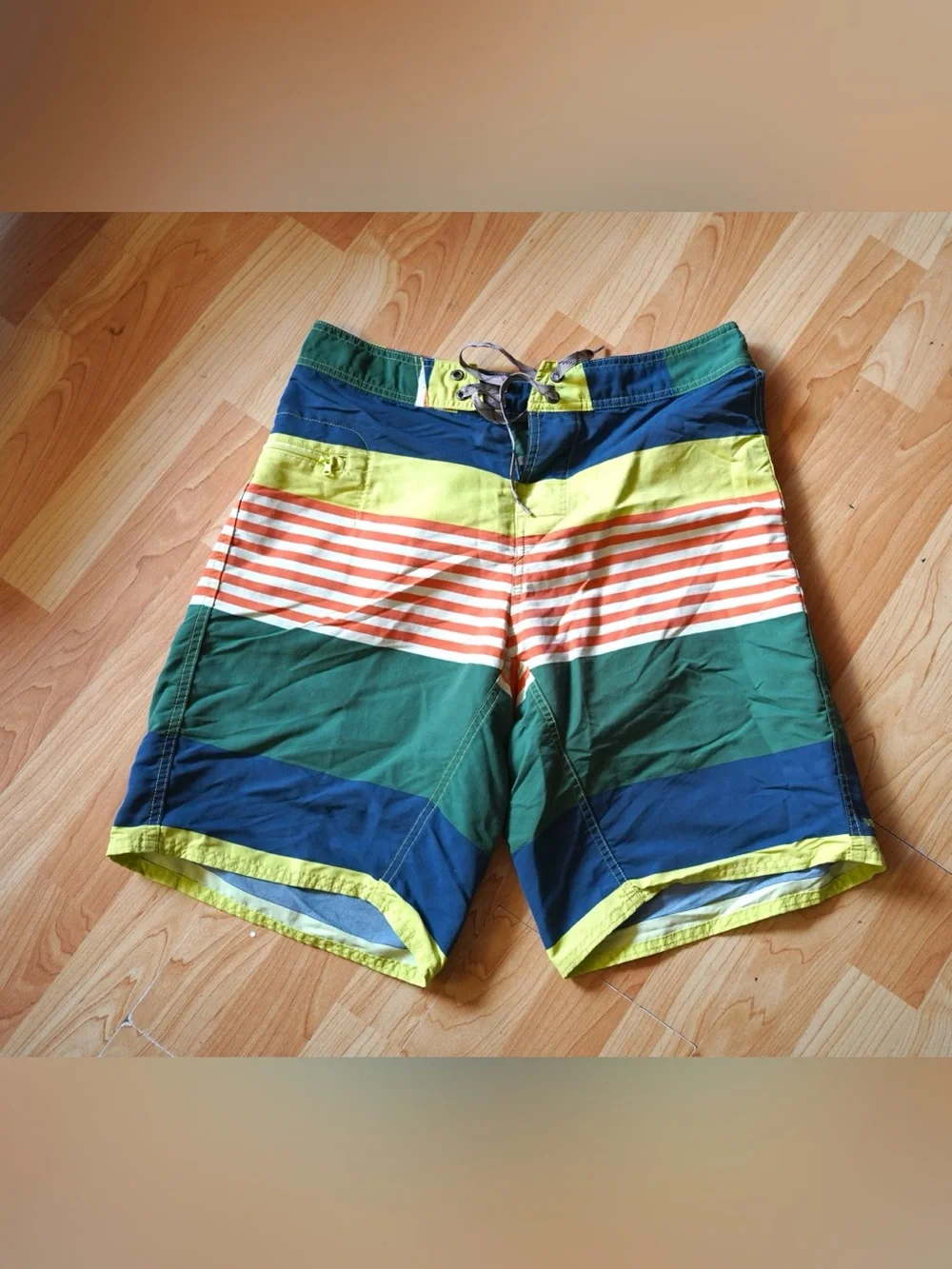 Patagonia  Boardshorts Mens 31 Green Orange Stripe Stretch Wavefarer Swim Trunks